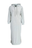 Blue Fashion Casual Solid Slit Hooded Collar Long Sleeve Dresses
