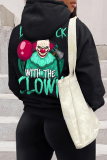 Black Street Vintage Print Draw String Hooded Collar Tops