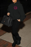 Black Street Print Draw String Hooded Collar Tops