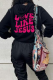 Black Street Print Draw String Hooded Collar Tops