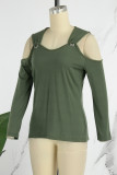 Olive Green Casual Solid Hollowed Out V Neck Tops