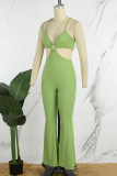 Green Sexy Casual Solid Backless V Neck Regular Jumpsuits