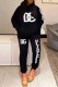 Black Casual Print Letter Hooded Collar Long Sleeve Two Pieces