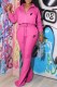 Rose Red Casual Print Letter Turndown Collar Long Sleeve Two Pieces