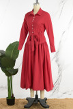Red Casual Solid With Belt Turndown Collar Long Sleeve Dresses