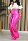 Rose Red Casual Solid Patchwork Straight High Waist Wide Leg Solid Color Bottoms