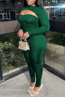 Green Sexy Casual Solid Hollowed Out O Neck Skinny Jumpsuits
