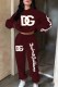 Burgundy Casual Print Letter Hooded Collar Long Sleeve Two Pieces