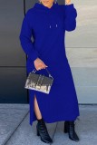 Blue Fashion Casual Solid Slit Hooded Collar Long Sleeve Dresses