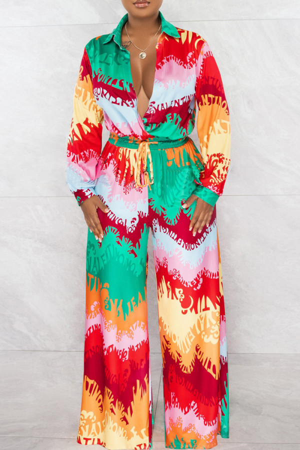 Colour Casual Print Patchwork Draw String V Neck Long Sleeve Two Pieces