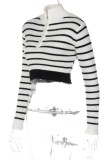 White Casual Striped Patchwork Zipper Collar Tops
