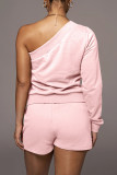 Pink Casual Solid Patchwork Frenulum One Shoulder Long Sleeve Two Pieces