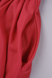 Red Casual Solid With Belt Turndown Collar Long Sleeve Dresses