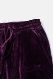 Purple Casual Solid Patchwork Draw String Pocket Regular Mid Waist Conventional Solid Color Bottoms