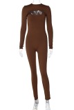Brownness Sexy Casual Solid Hollowed Out O Neck Skinny Jumpsuits