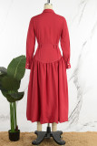 Red Casual Solid With Belt Turndown Collar Long Sleeve Dresses