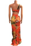Green Sexy Print Hollowed Out Backless Slit Spaghetti Strap Long Dress Dresses