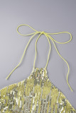 Yellow Sexy Solid Sequins Patchwork Hot Drill Halter Wrapped Skirt Dresses