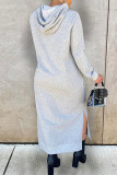 Blue Fashion Casual Solid Slit Hooded Collar Long Sleeve Dresses