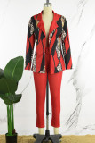Red Elegant Print Patchwork With Belt Turn-back Collar Long Sleeve Two Pieces