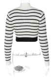 White Casual Striped Patchwork Zipper Collar Tops