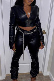 Black Street Solid Patchwork Buttons Slit Zipper O Neck Long Sleeve Two Pieces