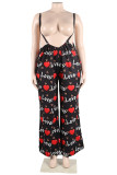 Red Casual Print Spaghetti Strap Plus Size Jumpsuits (Without Vest )