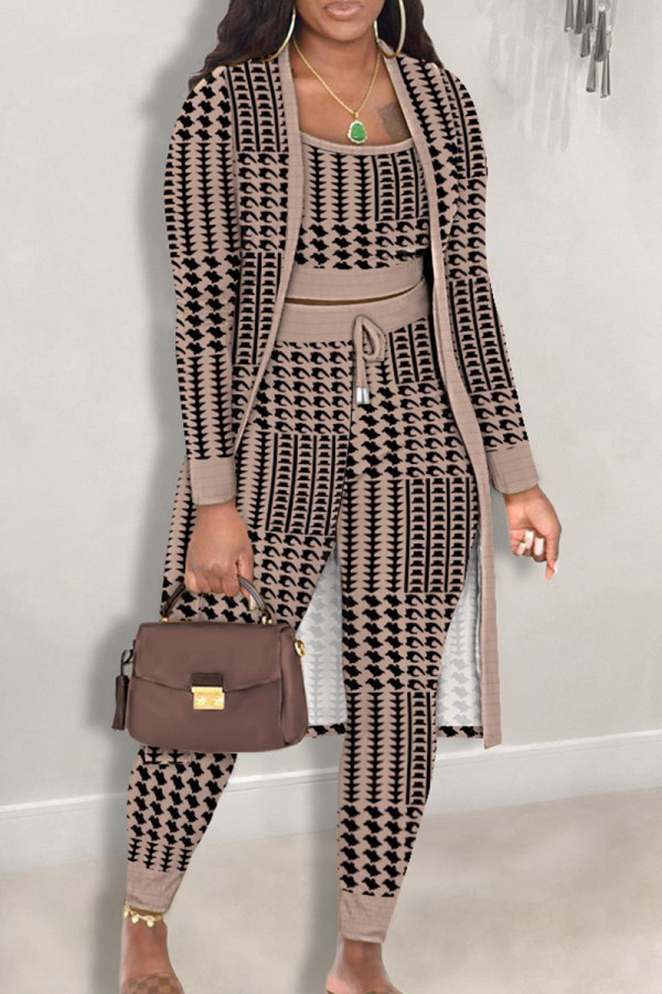 Brown Elegant Print Patchwork Draw String U Neck Long Sleeve Three Pieces