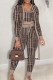 Brown Elegant Print Patchwork Draw String U Neck Long Sleeve Three Pieces