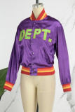 Purple Casual Letter Patchwork O Neck Outerwear