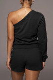 Black Casual Solid Patchwork Frenulum One Shoulder Long Sleeve Two Pieces