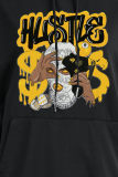 Black Street Daily Print Draw String Hooded Collar Tops