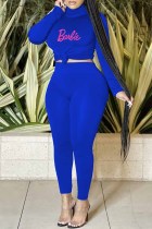 Blue Casual Street Print Letter Turtleneck Long Sleeve Two Pieces