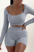Grey Casual Solid Patchwork Halter Long Sleeve Two Pieces
