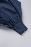 Deep Blue Street Solid Patchwork Buttons Backless O Neck Long Sleeve Loose Denim Jacket