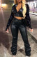 Black Street Solid Patchwork Buttons Slit Zipper O Neck Long Sleeve Two Pieces
