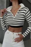 White Casual Striped Patchwork Zipper Collar Tops