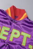 Purple Casual Letter Patchwork O Neck Outerwear