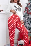 Red Casual Living Print Basic Christmas Day Sleepwear Two Piece Set