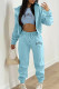 Lake Blue Casual Print Patchwork Draw String Pocket Frenulum Hooded Collar Long Sleeve Three Pieces