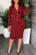 Burgundy Casual Work Print Letter Turn-back Collar Long Sleeve Two Pieces