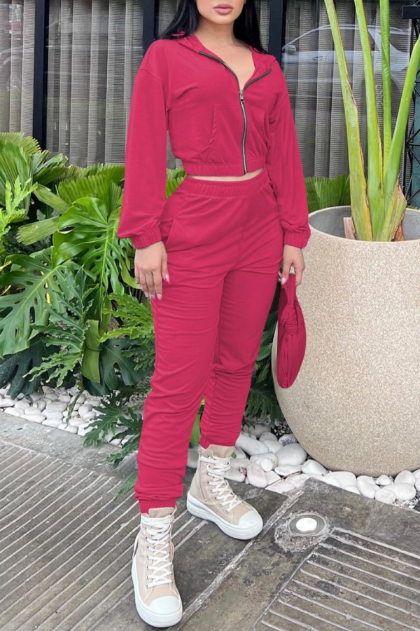 Rose Red Casual Solid Patchwork Hooded Collar Long Sleeve Two Pieces