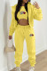 Yellow Casual Print Patchwork Draw String Pocket Hooded Collar Long Sleeve Three Pieces