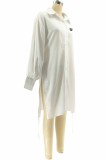 White Sexy Print Hollowed Out Letter Turndown Collar Shirt Dress Dresses