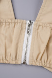 Apricot Casual Solid Backless Spaghetti Strap Sleeveless Two Pieces