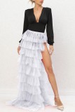 White Casual Solid Patchwork Slit Regular High Waist Conventional Solid Color Skirts