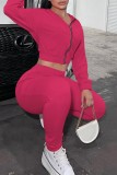 Rose Red Casual Solid Patchwork Hooded Collar Long Sleeve Two Pieces