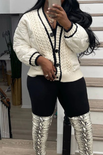 Cream White Elegant Solid Patchwork Buckle V Neck Outerwear