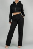 Black Casual Solid Basic Hooded Collar Long Sleeve Two Pieces