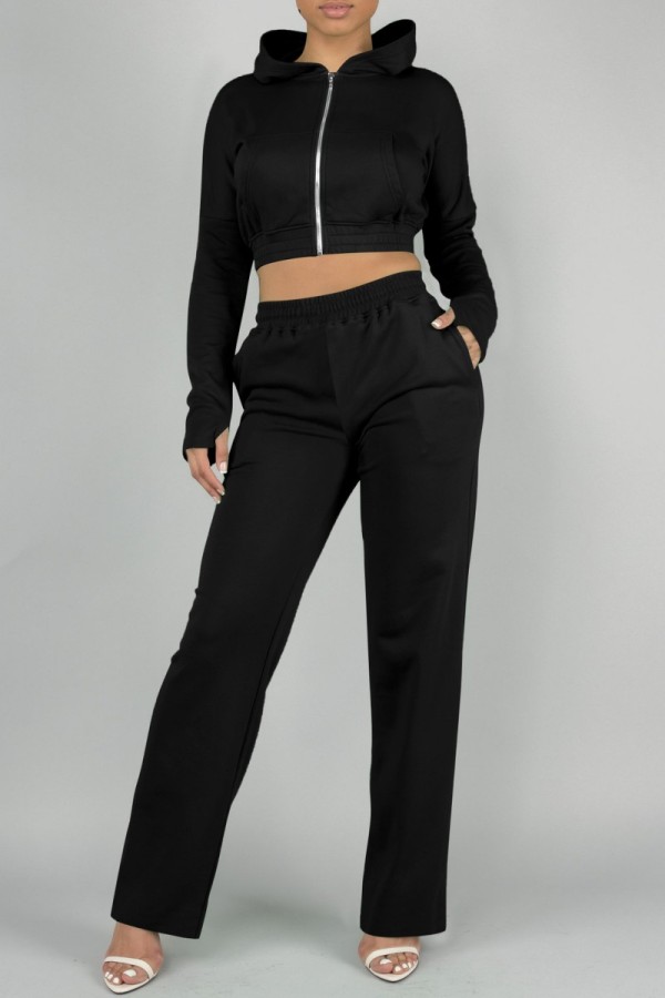 Black Casual Solid Basic Hooded Collar Long Sleeve Two Pieces